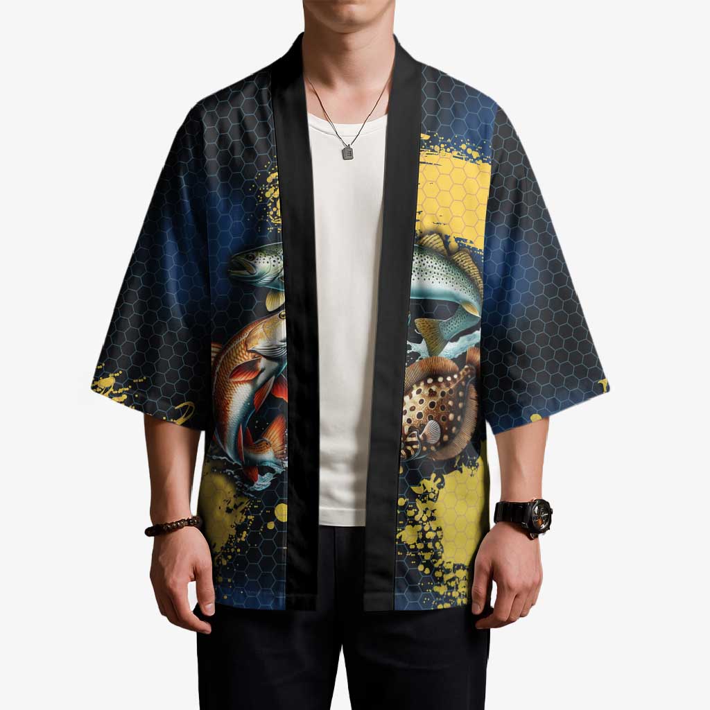 Custom Camo Redfish Kimono with Colorful Fish Design, Yellow Splatter Pattern - Wonder Print Shop