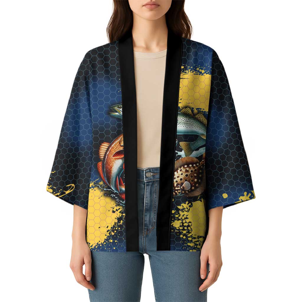 Custom Camo Redfish Kimono with Colorful Fish Design, Yellow Splatter Pattern - Wonder Print Shop