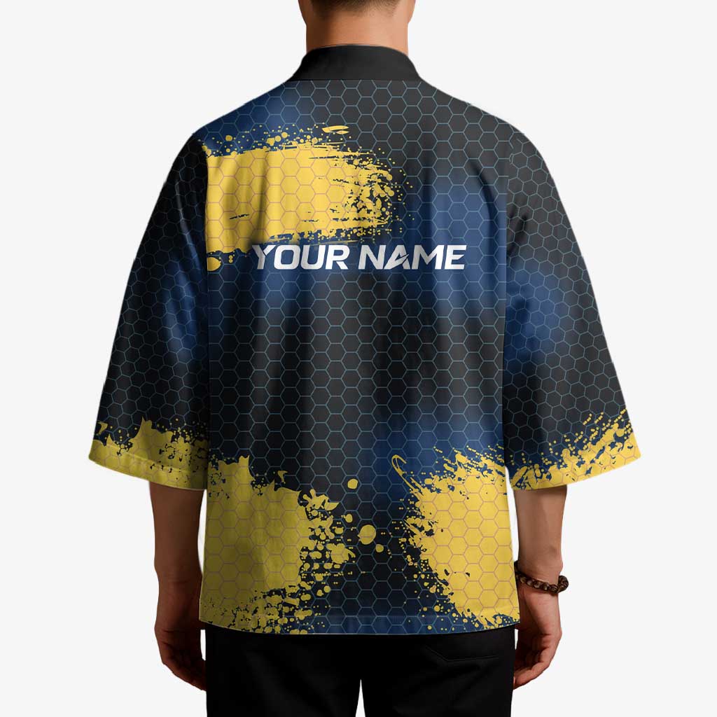 Custom Camo Redfish Kimono with Colorful Fish Design, Yellow Splatter Pattern - Wonder Print Shop