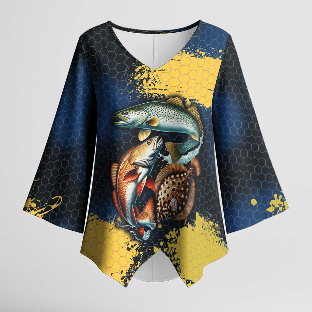 Custom Camo Redfish Kimono Sleeve Blouse with Colorful Fish Design, Yellow Splatter Pattern - Wonder Print Shop