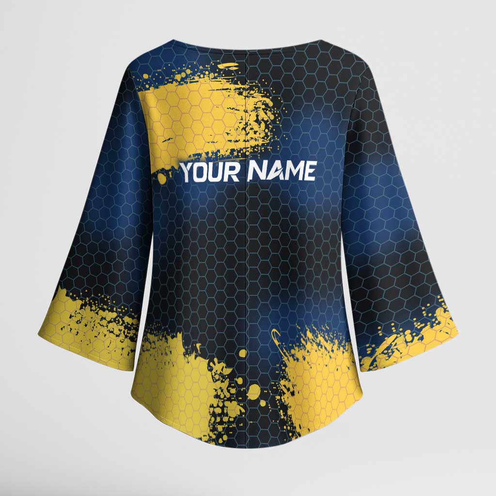Custom Camo Redfish Kimono Sleeve Blouse with Colorful Fish Design, Yellow Splatter Pattern - Wonder Print Shop