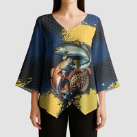 Custom Camo Redfish Kimono Sleeve Blouse with Colorful Fish Design, Yellow Splatter Pattern - Wonder Print Shop