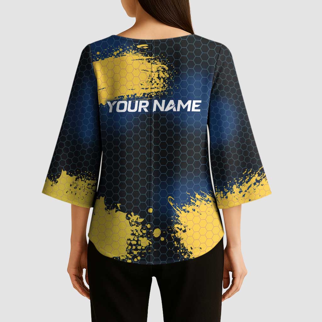 Custom Camo Redfish Kimono Sleeve Blouse with Colorful Fish Design, Yellow Splatter Pattern - Wonder Print Shop