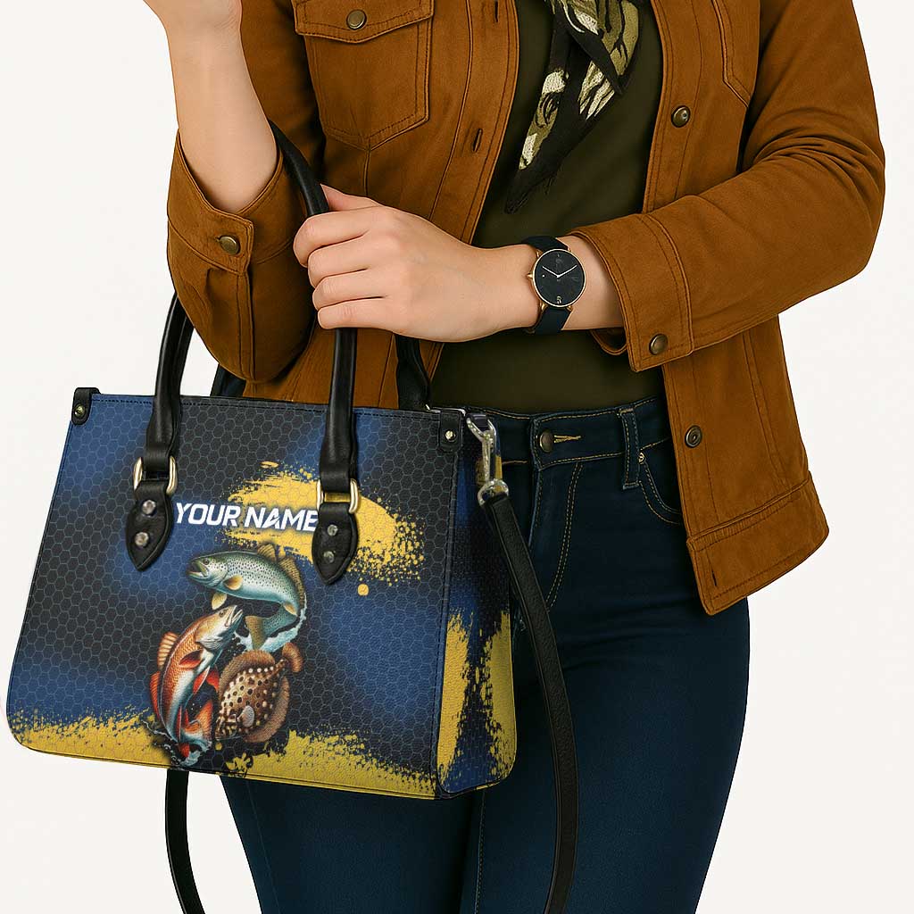 Custom Camo Redfish Leather Bag with Colorful Fish Design, Yellow Splatter Pattern - Wonder Print Shop