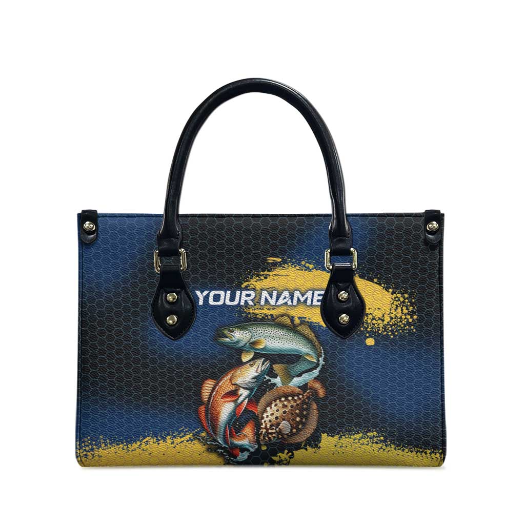 Custom Camo Redfish Leather Bag with Colorful Fish Design, Yellow Splatter Pattern - Wonder Print Shop