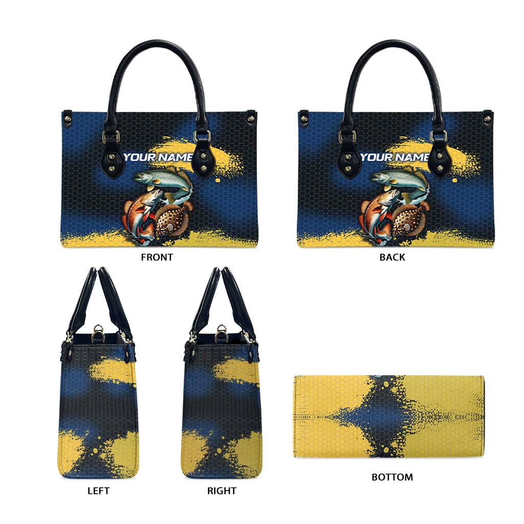 Custom Camo Redfish Leather Bag with Colorful Fish Design, Yellow Splatter Pattern - Wonder Print Shop