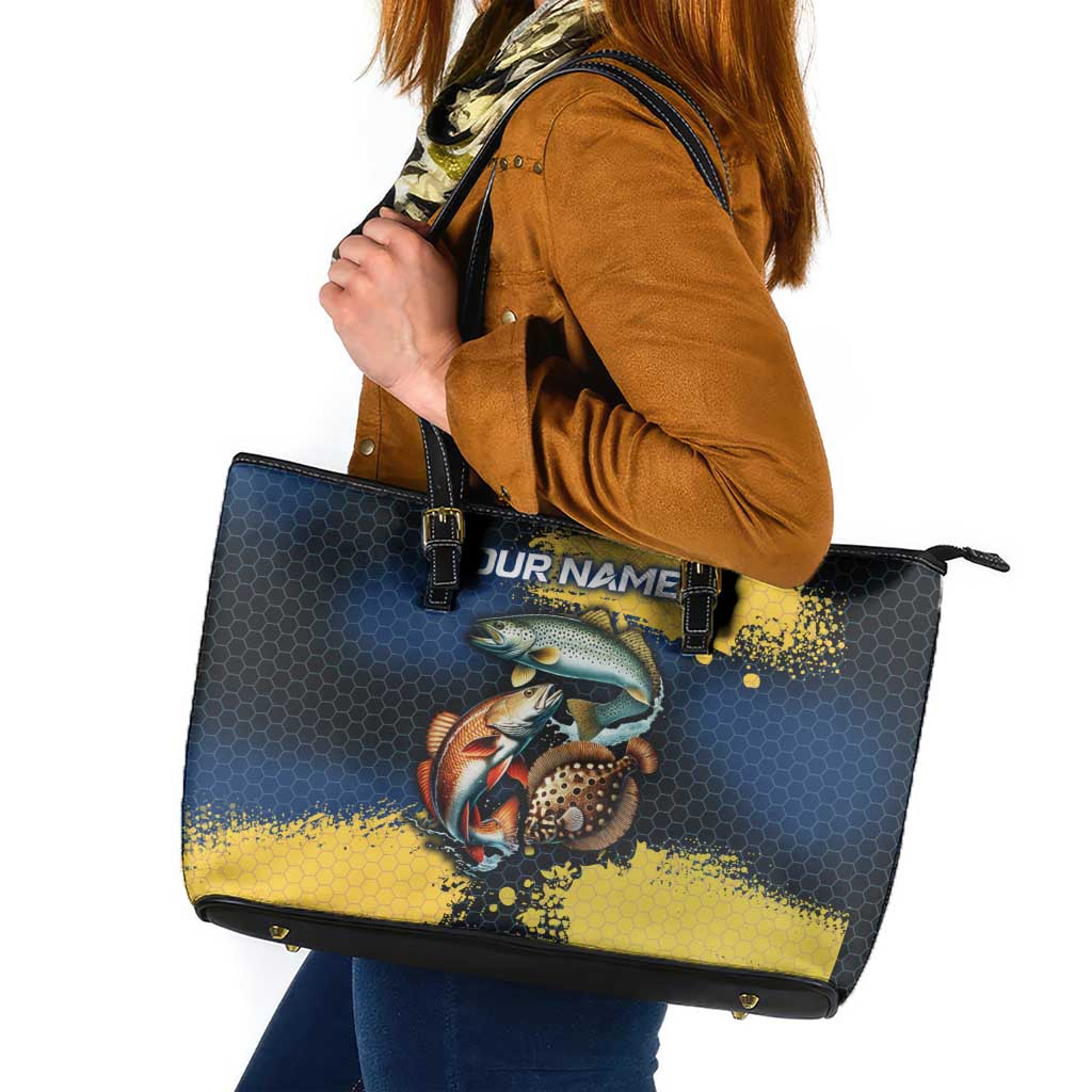 Custom Camo Redfish Leather Tote Bag with Colorful Fish Design, Yellow Splatter Pattern - Wonder Print Shop
