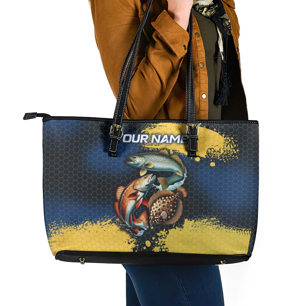 Custom Camo Redfish Leather Tote Bag with Colorful Fish Design, Yellow Splatter Pattern - Wonder Print Shop