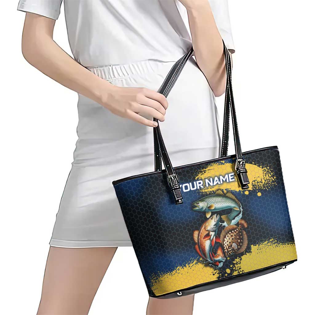 Custom Camo Redfish Leather Tote Bag with Colorful Fish Design, Yellow Splatter Pattern - Wonder Print Shop