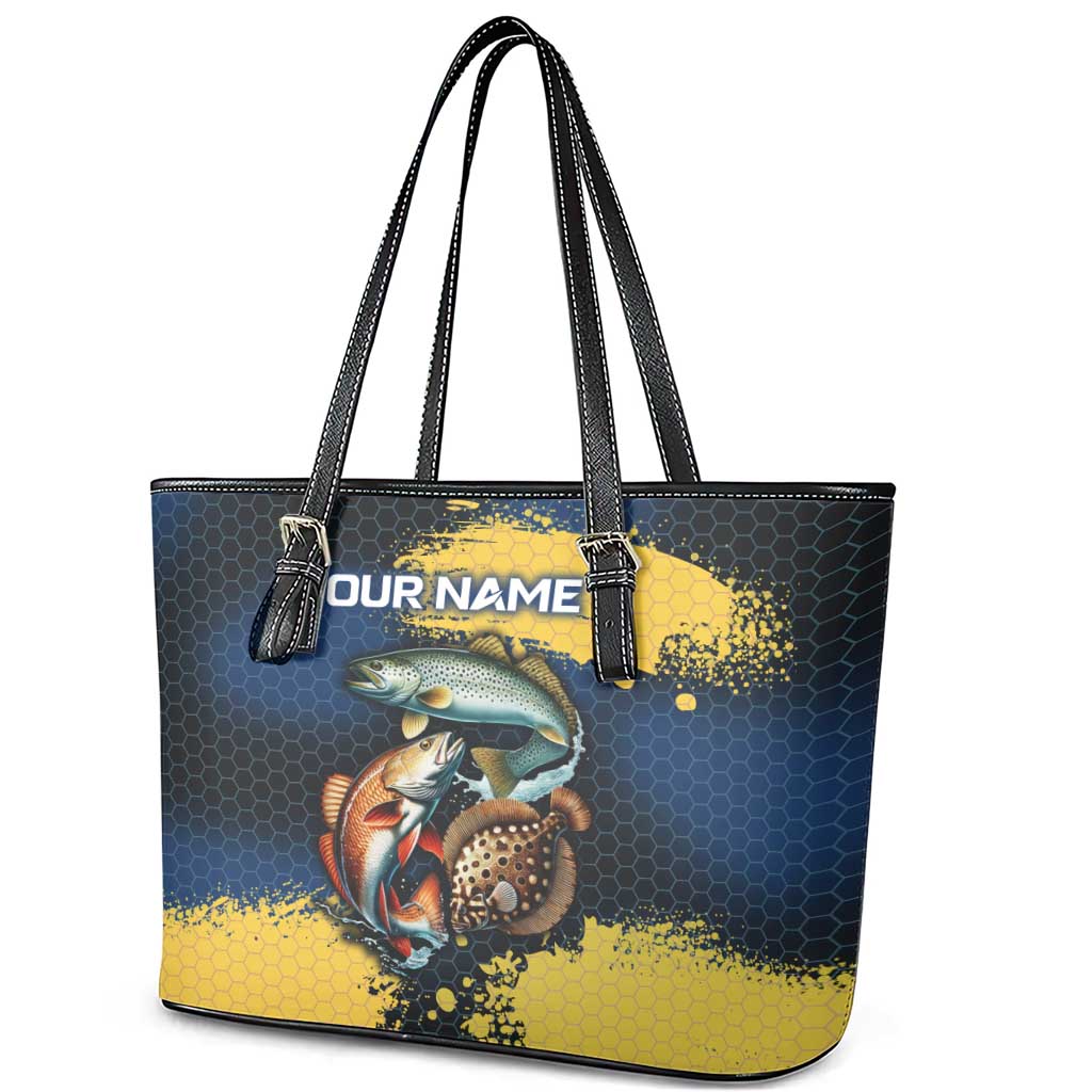 Custom Camo Redfish Leather Tote Bag with Colorful Fish Design, Yellow Splatter Pattern - Wonder Print Shop