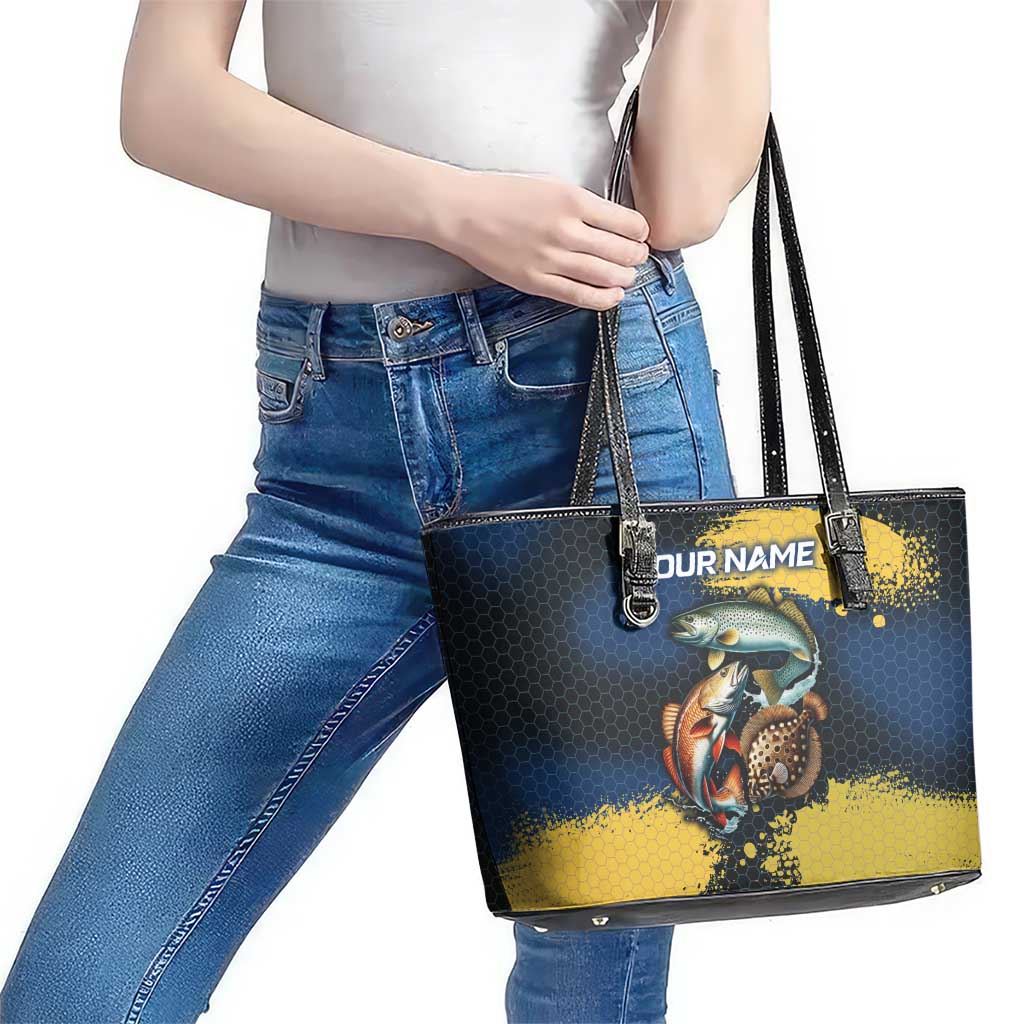 Custom Camo Redfish Leather Tote Bag with Colorful Fish Design, Yellow Splatter Pattern - Wonder Print Shop