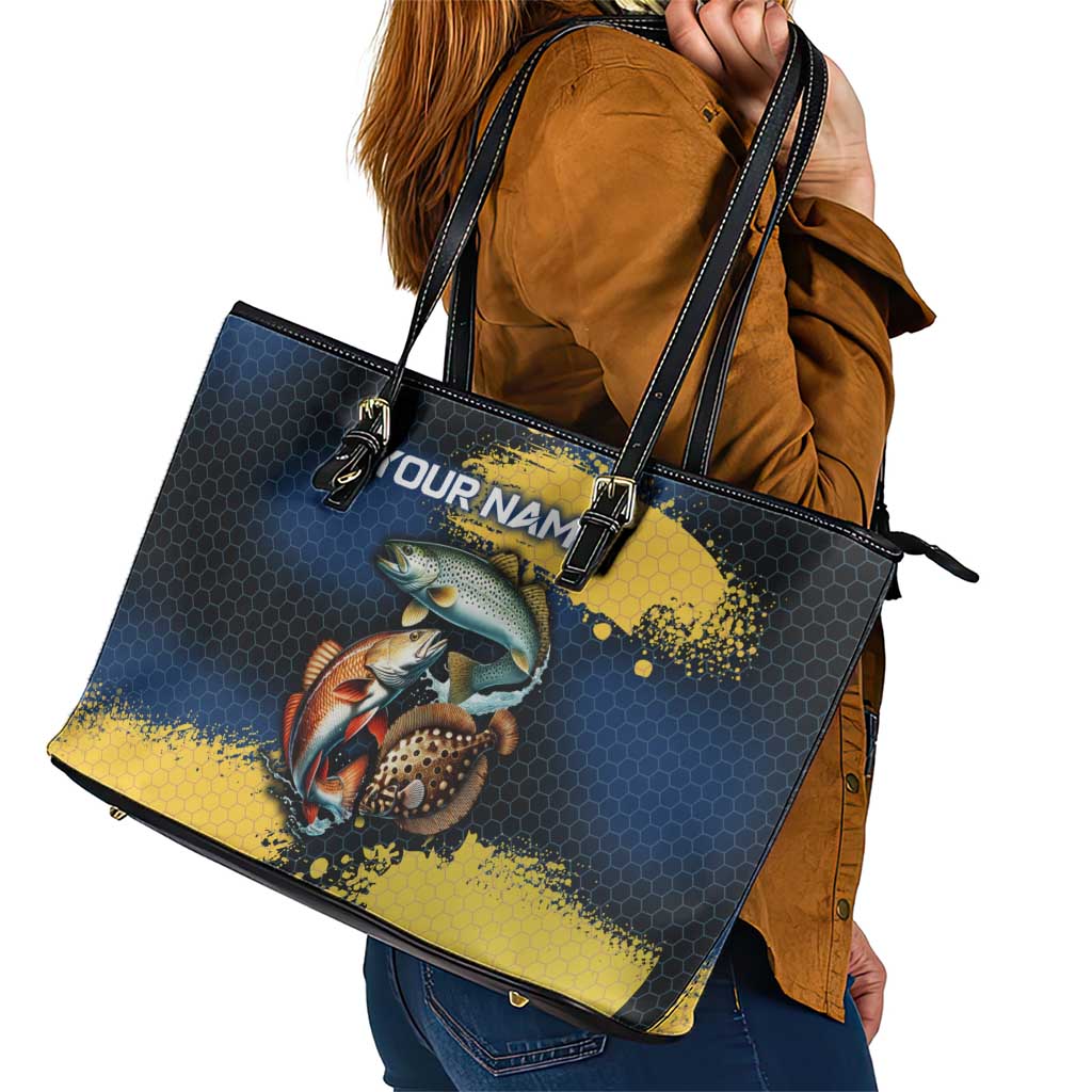 Custom Camo Redfish Leather Tote Bag with Colorful Fish Design, Yellow Splatter Pattern - Wonder Print Shop