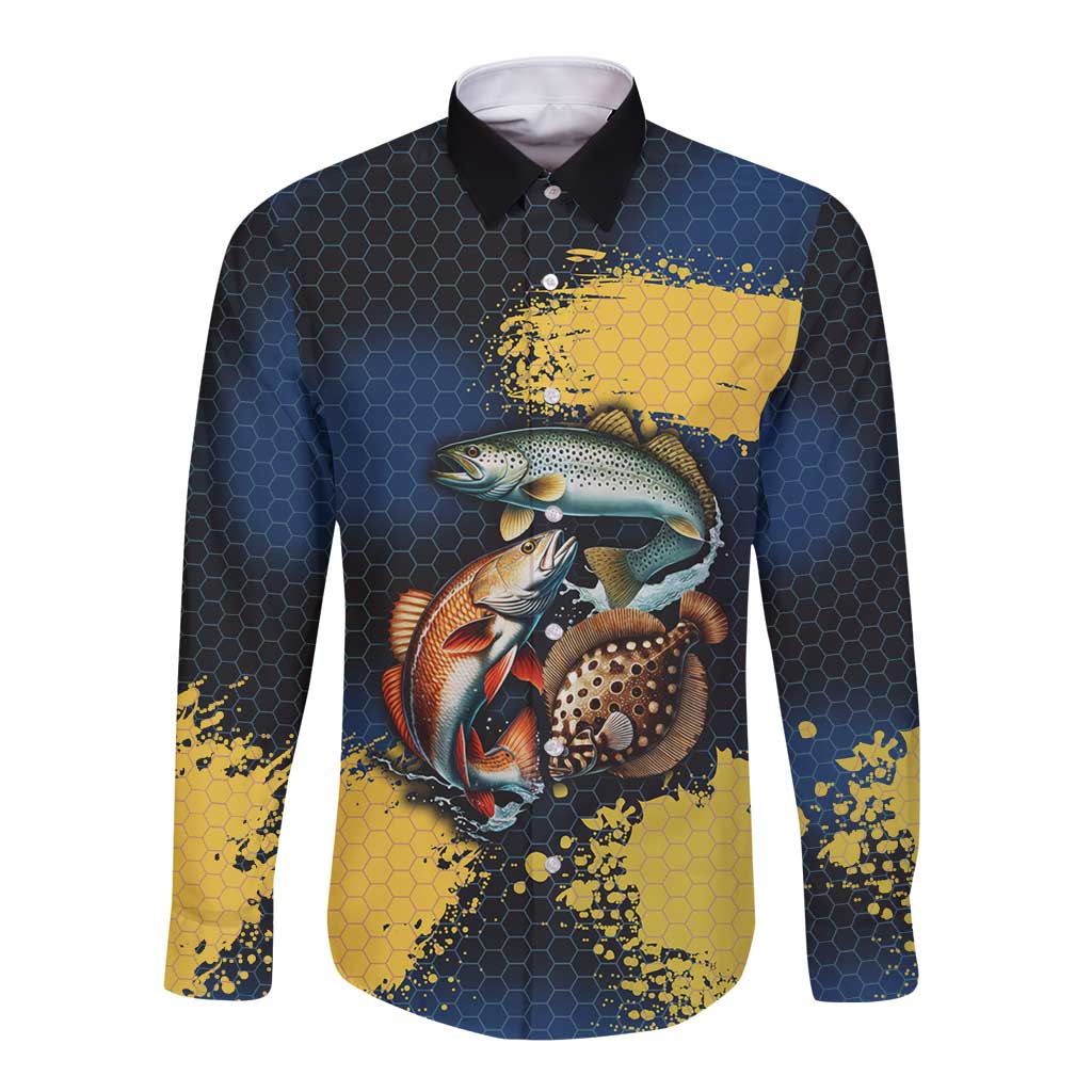 Custom Camo Redfish Long Sleeve Button Shirt with Colorful Fish Design, Yellow Splatter Pattern - Wonder Print Shop