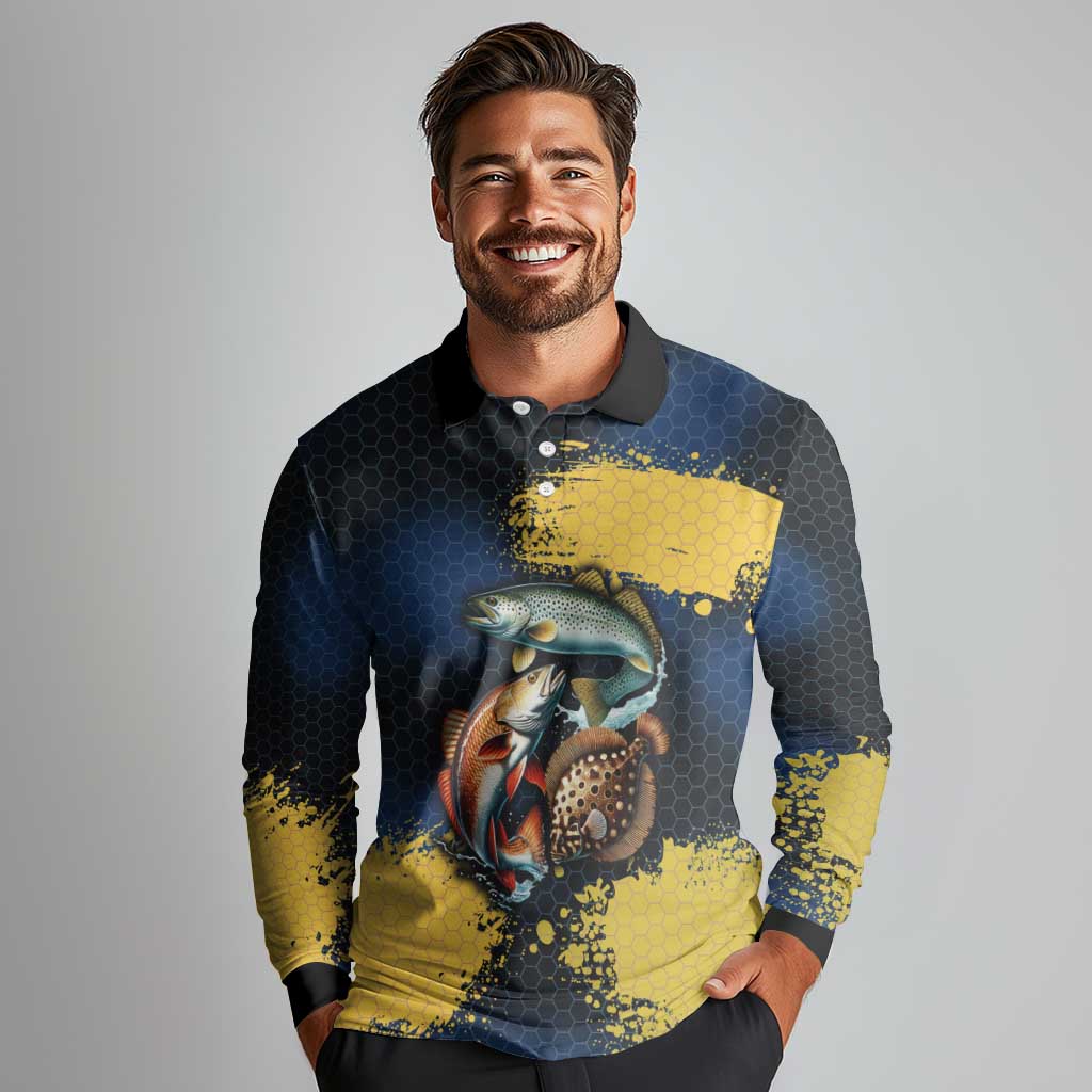 Custom Camo Redfish Long Sleeve Polo Shirt with Colorful Fish Design, Yellow Splatter Pattern - Wonder Print Shop