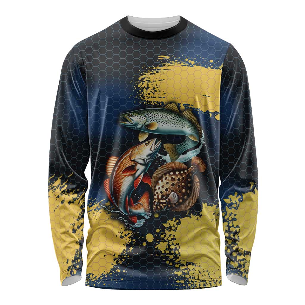 Custom Camo Redfish Long Sleeve Shirt with Colorful Fish Design, Yellow Splatter Pattern - Wonder Print Shop