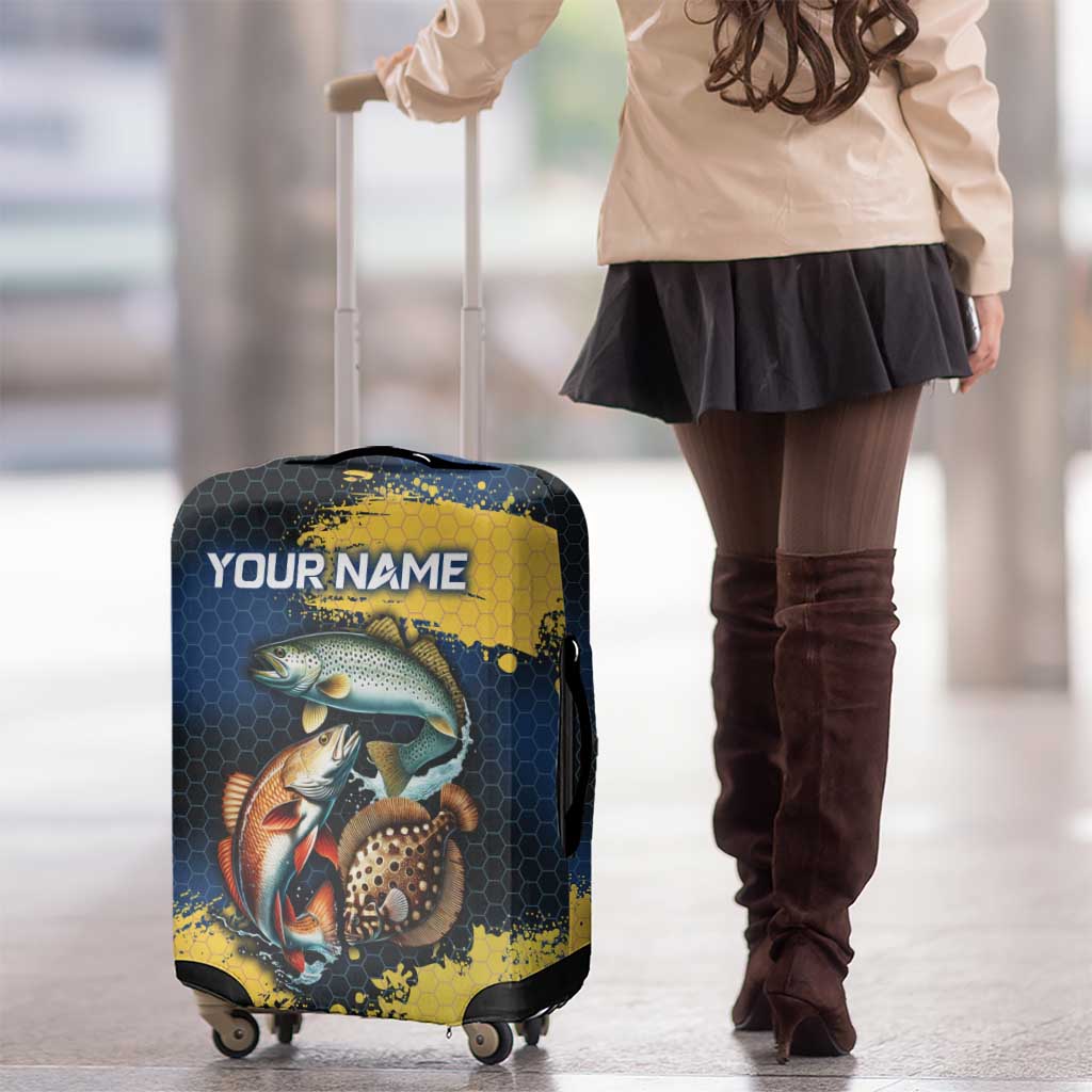 Custom Camo Redfish Luggage Cover with Colorful Fish Design, Yellow Splatter Pattern - Wonder Print Shop