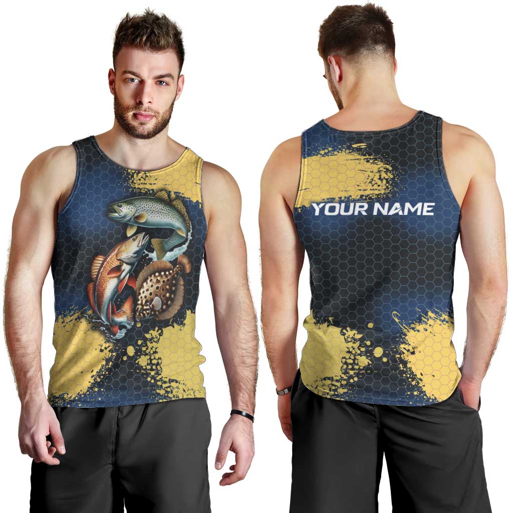Custom Camo Redfish Men Tank Top with Colorful Fish Design, Yellow Splatter Pattern - Wonder Print Shop