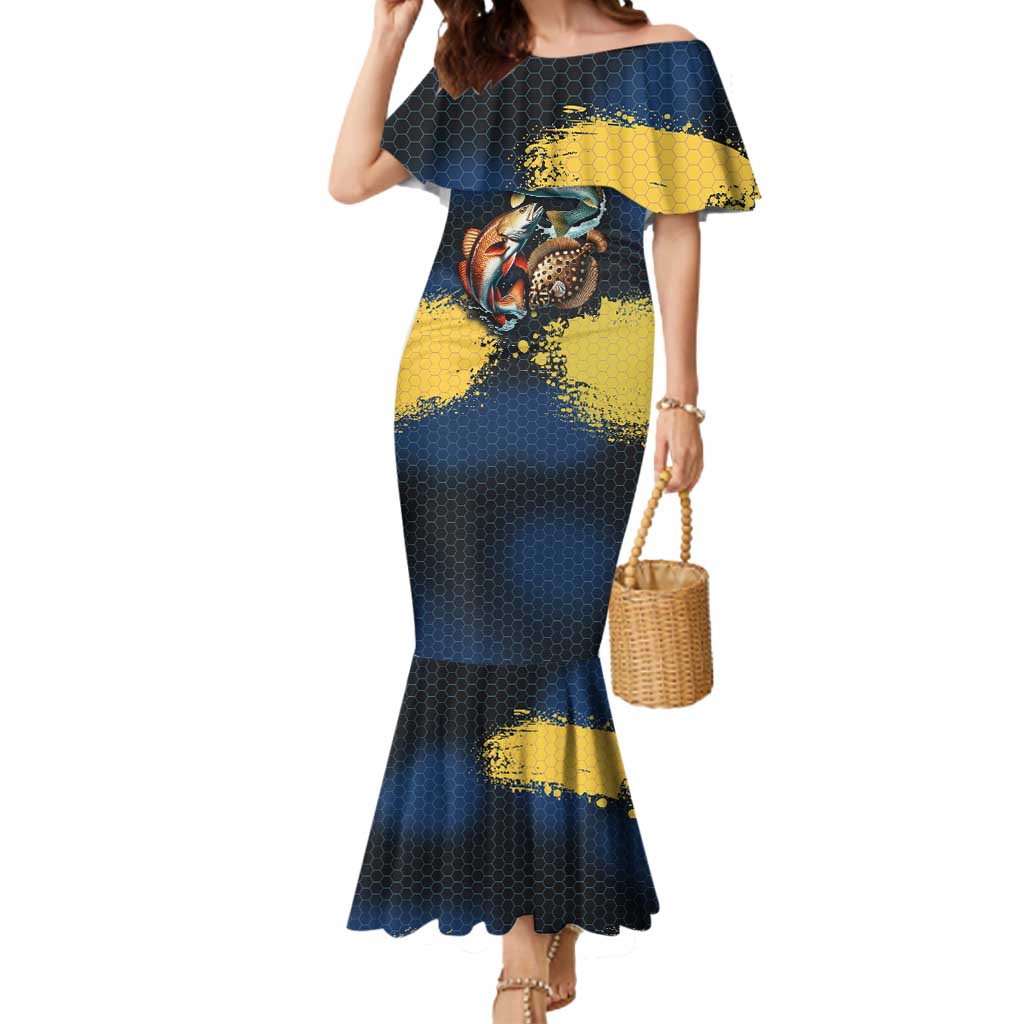 Custom Camo Redfish Mermaid Dress with Colorful Fish Design, Yellow Splatter Pattern - Wonder Print Shop