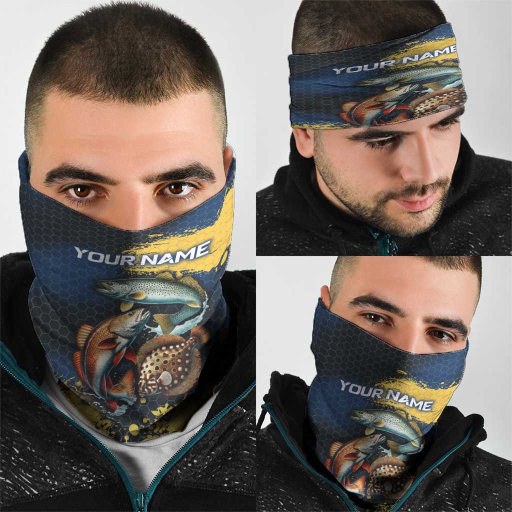 Custom Camo Redfish Neck Gaiter with Colorful Fish Design, Yellow Splatter Pattern - Wonder Print Shop