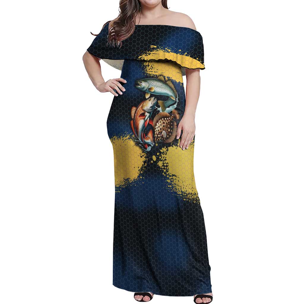 Custom Camo Redfish Off Shoulder Maxi Dress with Colorful Fish Design, Yellow Splatter Pattern - Wonder Print Shop