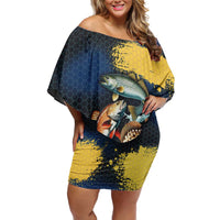 Custom Camo Redfish Off Shoulder Short Dress with Colorful Fish Design, Yellow Splatter Pattern - Wonder Print Shop
