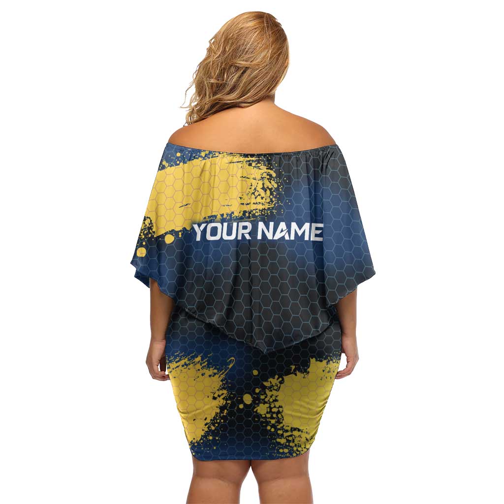 Custom Camo Redfish Off Shoulder Short Dress with Colorful Fish Design, Yellow Splatter Pattern - Wonder Print Shop