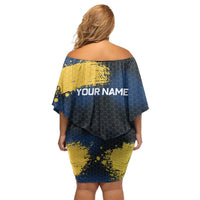 Custom Camo Redfish Off Shoulder Short Dress with Colorful Fish Design, Yellow Splatter Pattern - Wonder Print Shop