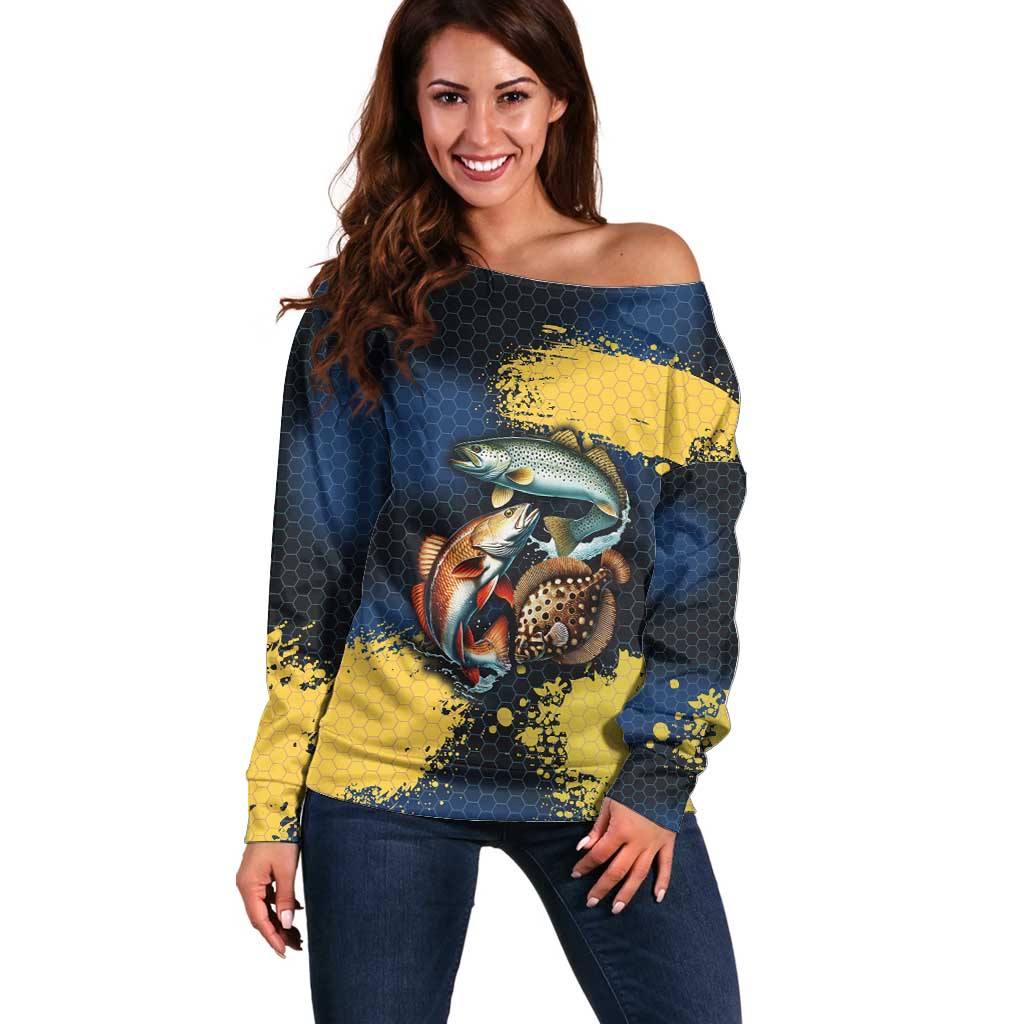 Custom Camo Redfish Off Shoulder Sweater with Colorful Fish Design, Yellow Splatter Pattern - Wonder Print Shop