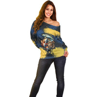Custom Camo Redfish Off Shoulder Sweater with Colorful Fish Design, Yellow Splatter Pattern - Wonder Print Shop
