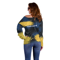 Custom Camo Redfish Off Shoulder Sweater with Colorful Fish Design, Yellow Splatter Pattern - Wonder Print Shop