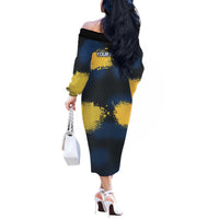 Custom Camo Redfish Off The Shoulder Long Sleeve Dress with Colorful Fish Design, Yellow Splatter Pattern - Wonder Print Shop
