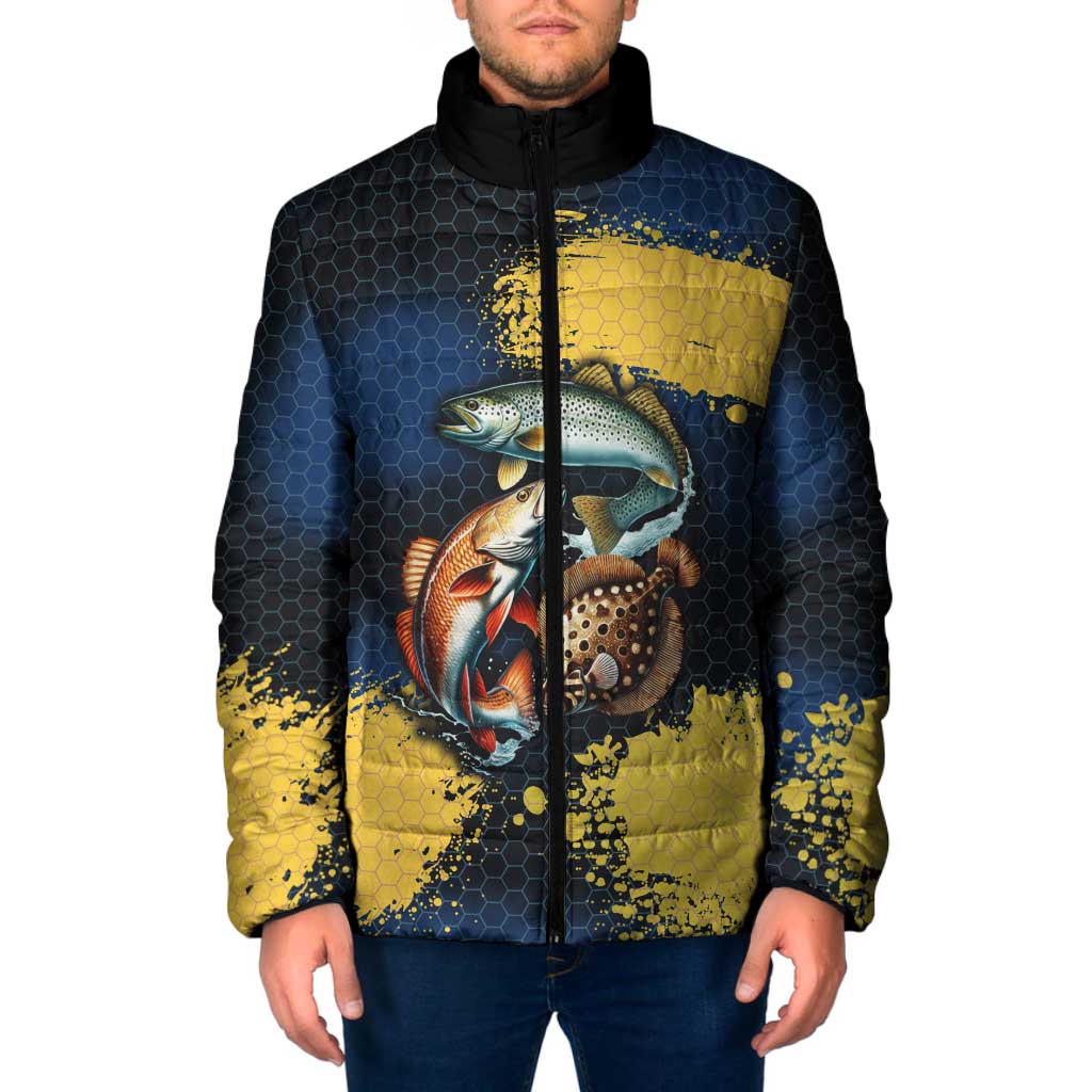 Custom Camo Redfish Padded Jacket with Colorful Fish Design, Yellow Splatter Pattern - Wonder Print Shop