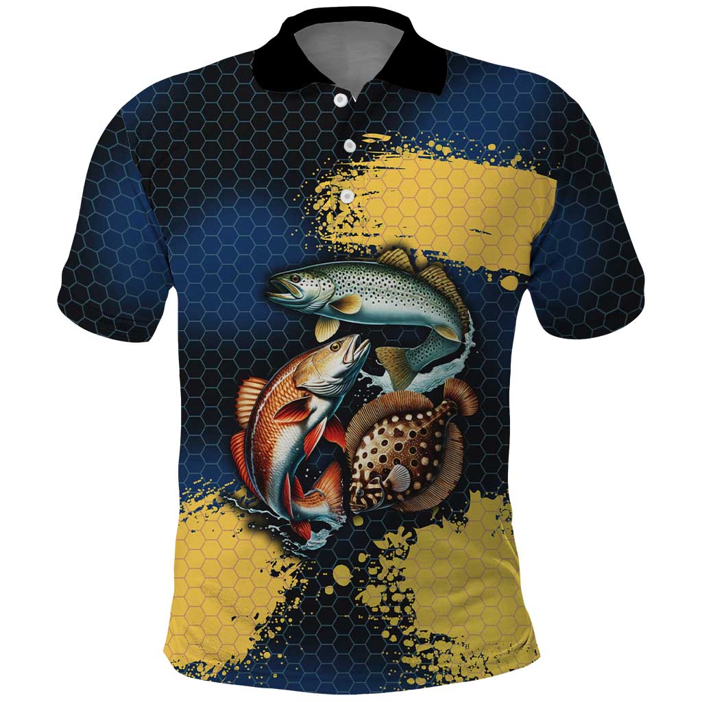 Custom Camo Redfish Polo Shirt with Colorful Fish Design, Yellow Splatter Pattern - Wonder Print Shop