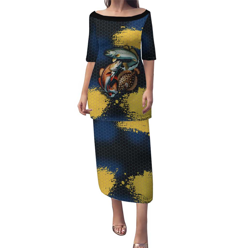 Custom Camo Redfish Puletasi with Colorful Fish Design, Yellow Splatter Pattern - Wonder Print Shop