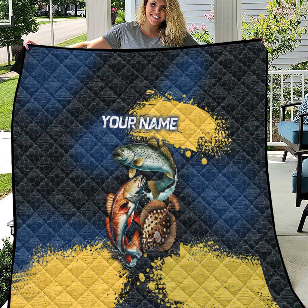 Custom Camo Redfish Quilt with Colorful Fish Design, Yellow Splatter Pattern - Wonder Print Shop