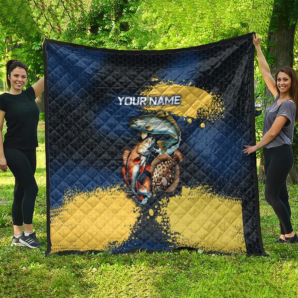 Custom Camo Redfish Quilt with Colorful Fish Design, Yellow Splatter Pattern - Wonder Print Shop