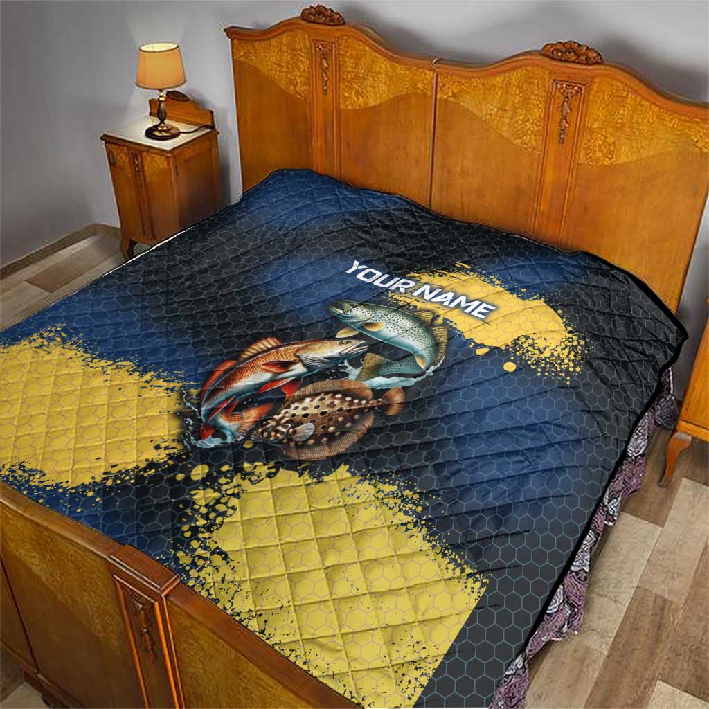 Custom Camo Redfish Quilt with Colorful Fish Design, Yellow Splatter Pattern - Wonder Print Shop