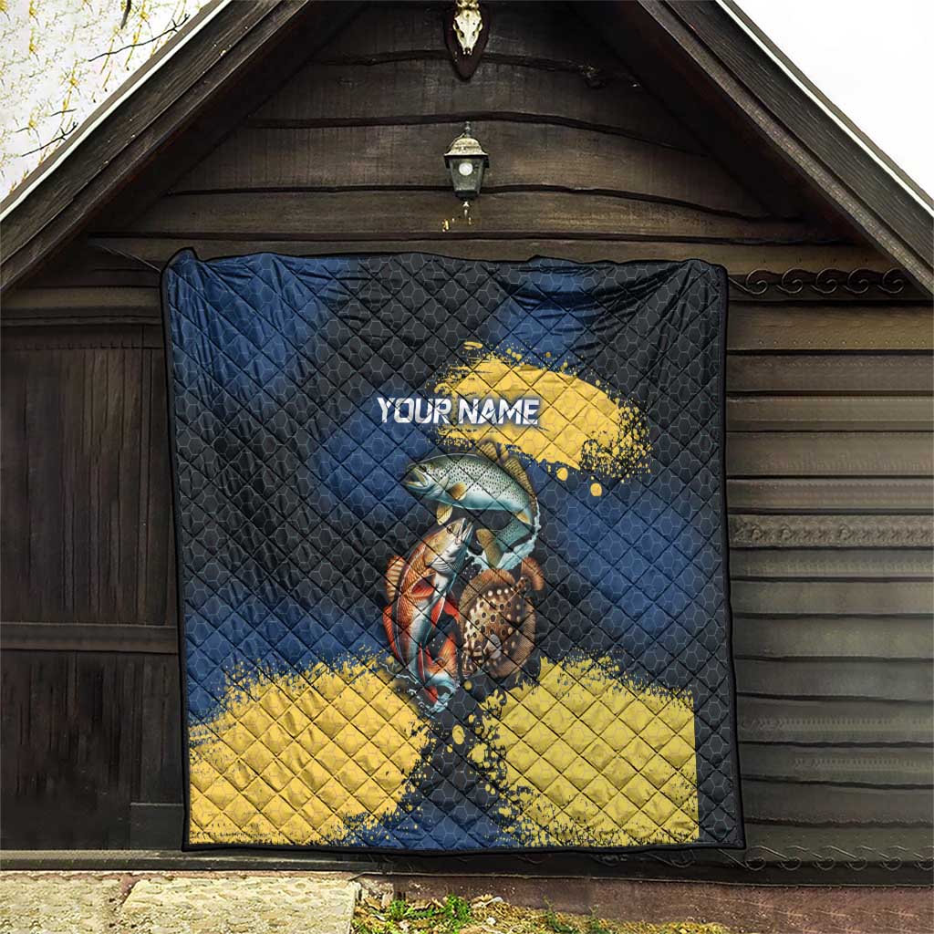 Custom Camo Redfish Quilt with Colorful Fish Design, Yellow Splatter Pattern - Wonder Print Shop