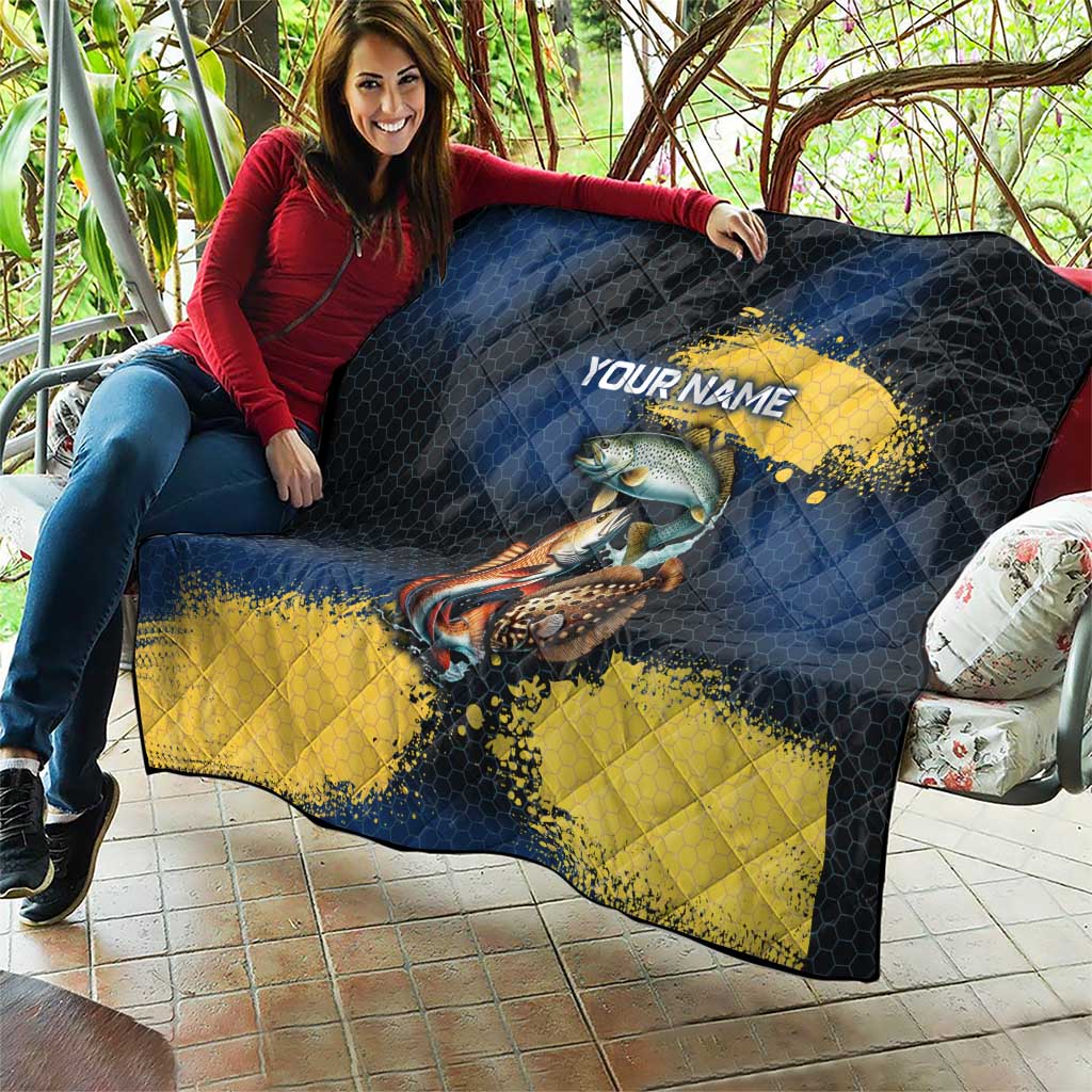 Custom Camo Redfish Quilt with Colorful Fish Design, Yellow Splatter Pattern - Wonder Print Shop