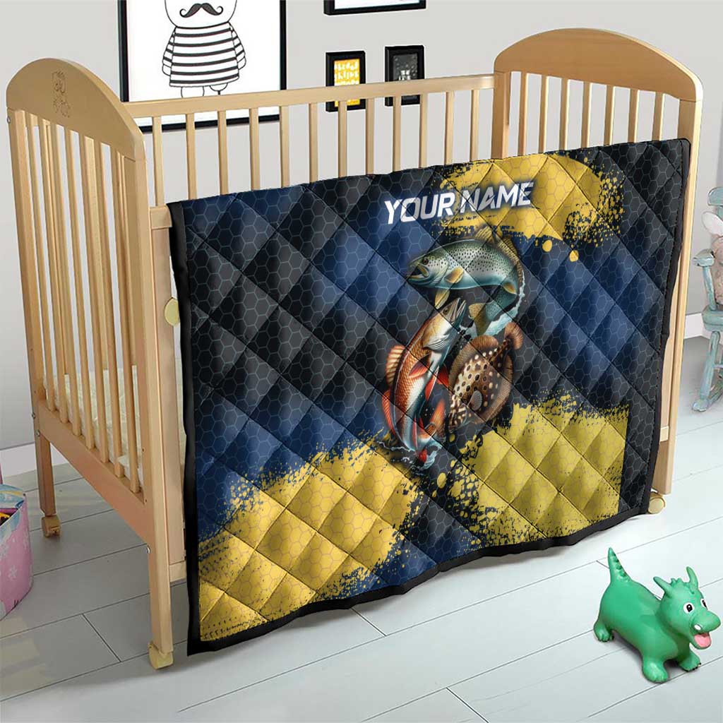 Custom Camo Redfish Quilt with Colorful Fish Design, Yellow Splatter Pattern - Wonder Print Shop