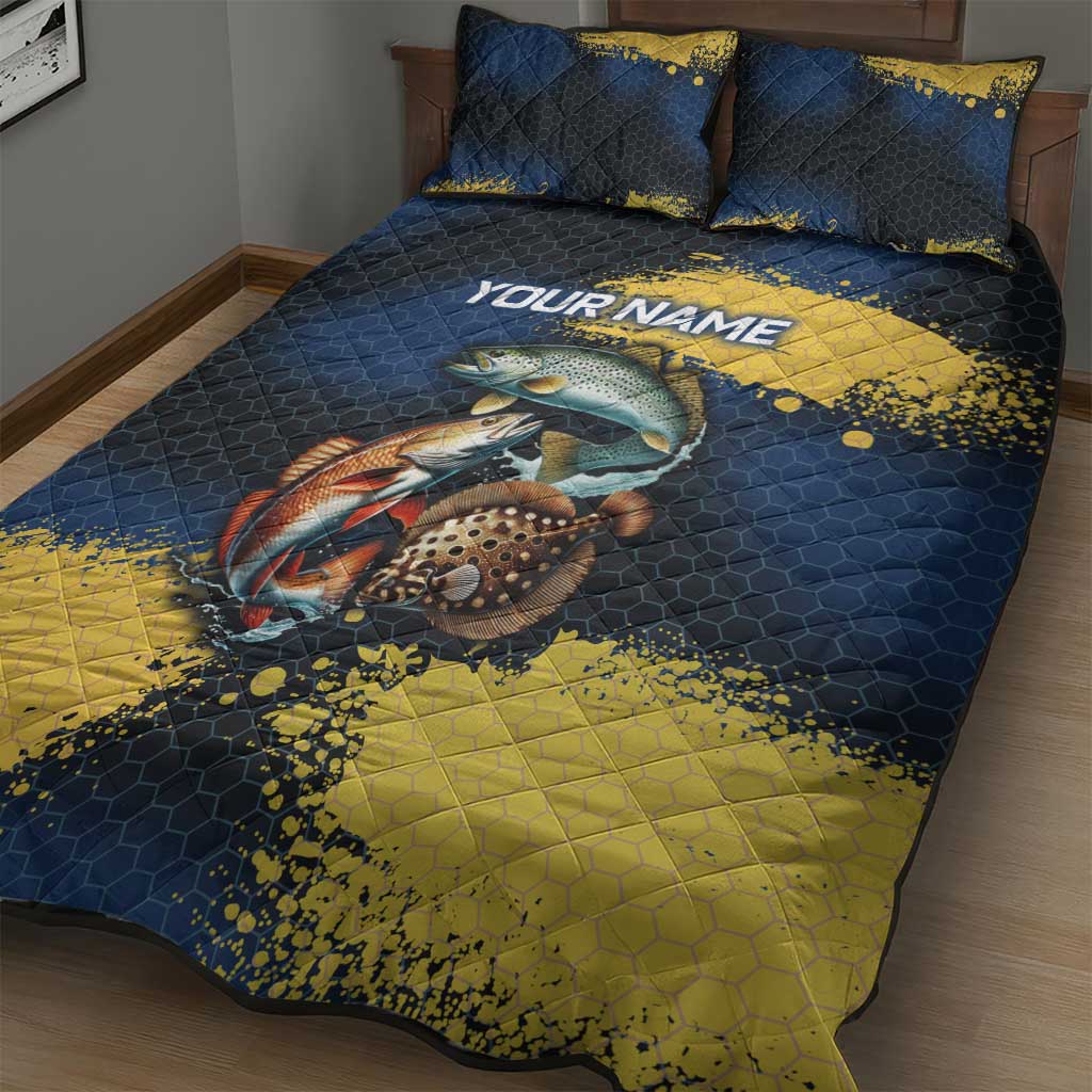 Custom Camo Redfish Quilt Bed Set with Colorful Fish Design, Yellow Splatter Pattern - Wonder Print Shop