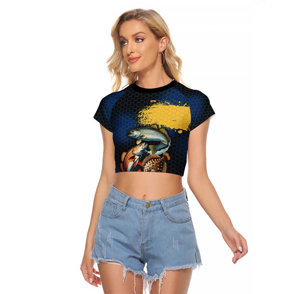 Custom Camo Redfish Raglan Cropped T Shirt with Colorful Fish Design, Yellow Splatter Pattern - Wonder Print Shop