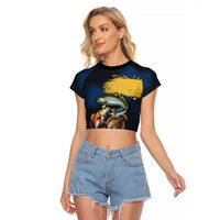 Custom Camo Redfish Raglan Cropped T Shirt with Colorful Fish Design, Yellow Splatter Pattern - Wonder Print Shop