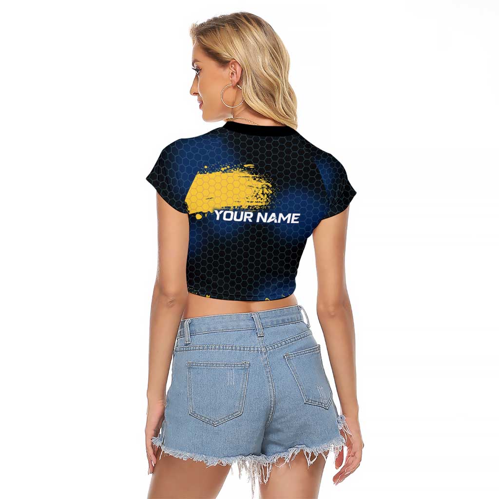Custom Camo Redfish Raglan Cropped T Shirt with Colorful Fish Design, Yellow Splatter Pattern - Wonder Print Shop