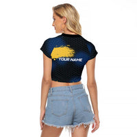 Custom Camo Redfish Raglan Cropped T Shirt with Colorful Fish Design, Yellow Splatter Pattern - Wonder Print Shop