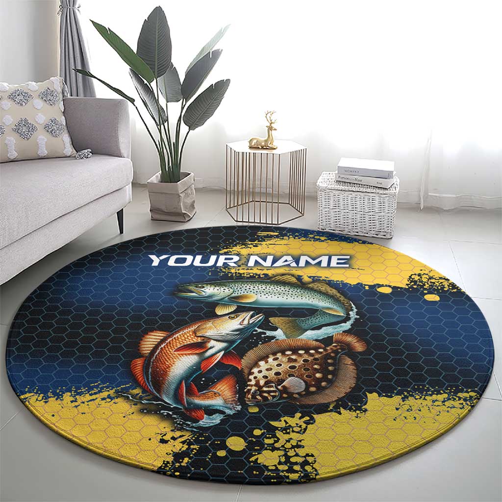 Custom Camo Redfish Round Carpet with Colorful Fish Design, Yellow Splatter Pattern - Wonder Print Shop