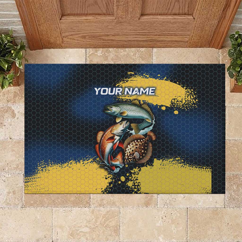 Custom Camo Redfish Rubber Doormat with Colorful Fish Design, Yellow Splatter Pattern - Wonder Print Shop