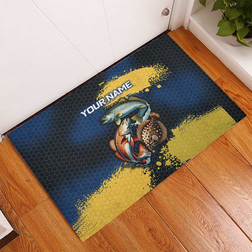 Custom Camo Redfish Rubber Doormat with Colorful Fish Design, Yellow Splatter Pattern - Wonder Print Shop