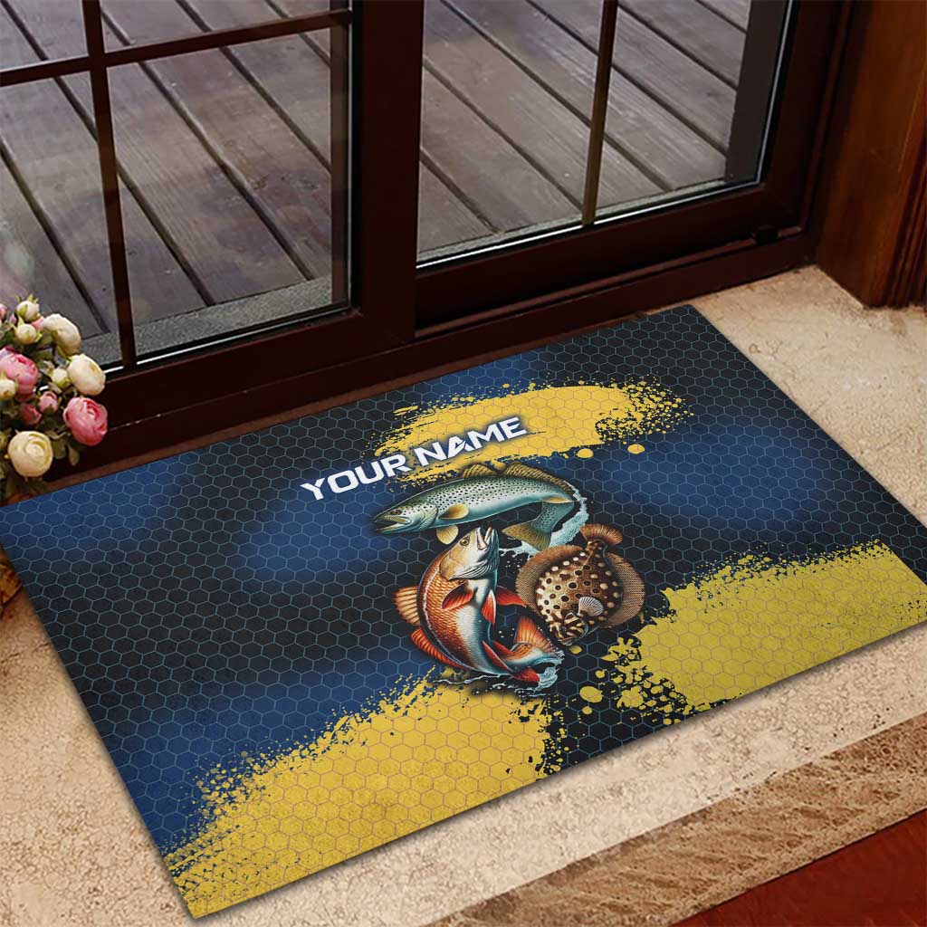 Custom Camo Redfish Rubber Doormat with Colorful Fish Design, Yellow Splatter Pattern - Wonder Print Shop