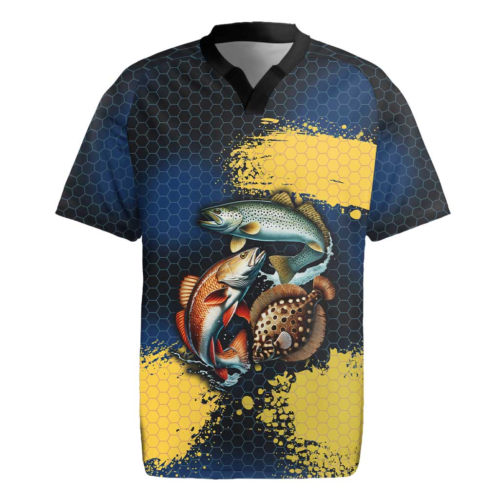 Custom Camo Redfish Rugby Jersey with Colorful Fish Design, Yellow Splatter Pattern - Wonder Print Shop